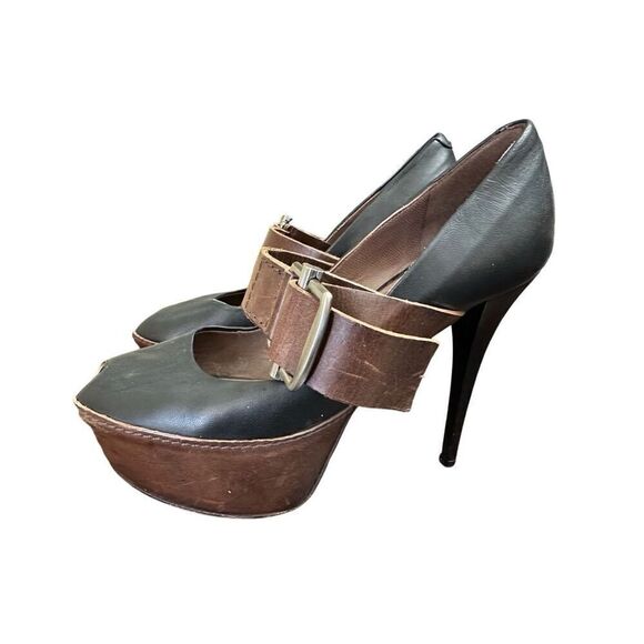 Marni Black/Brown Leather Mary Jane Peep Toe Platform Pumps Size 371/2 - Picture 2 of 6